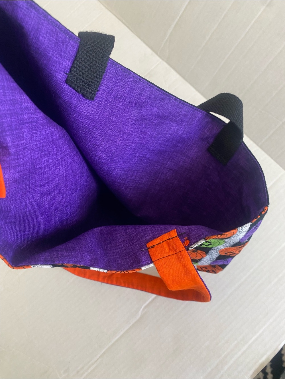Handmade Upcycled Halloween Pumpkin Print Tote Bag in Orange, Purple & Green - Picture 6 of 6